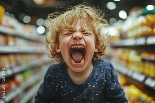 Portrait of child throwing a tantrum in grocery store