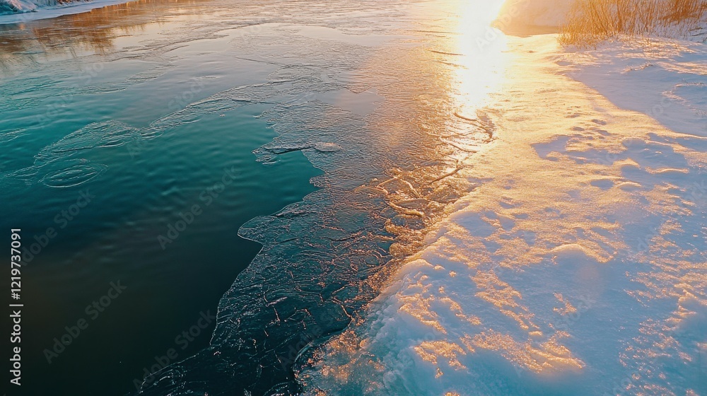 Naklejka premium Cracked Ice on a Frozen Pond with Sunlight Reflection