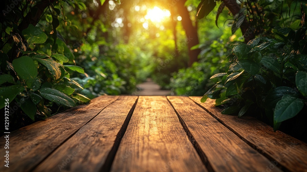 Sunlit wood path, green jungle. Sunlit wood path, green jungle.