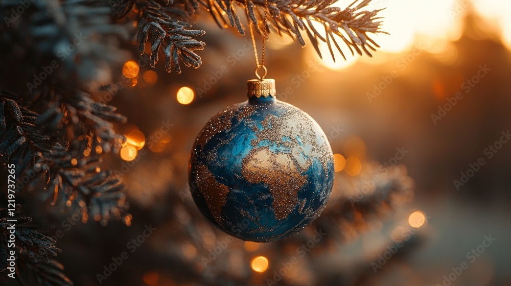 A festive ornament shaped like a globe on a Christmas tree. Ideal for themes of global unity, holiday celebrations, and festive greetings. A festive ornament shaped like a globe on a Christmas tree. Ideal for themes of global unity, holiday celebrations, and festive greetings.