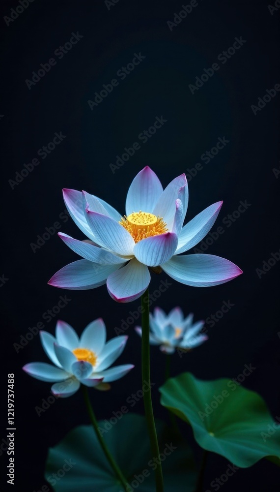 Fototapeta premium Lotus flowers in shades of blue and green on a black background, colorful, flower