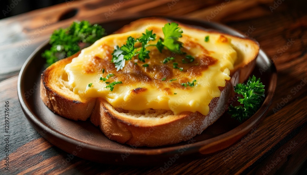 perfectly melted welsh rarebit on toast with fresh parsley garnish perfectly melted welsh rarebit on toast with fresh parsley garnish