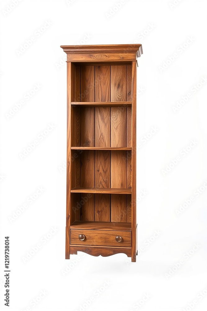 Tall wooden bookcase with four shelves and drawer Tall wooden bookcase with four shelves and drawer