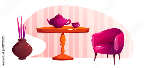 Interior with table tea set and chair. Vector cartoon illustration of living room