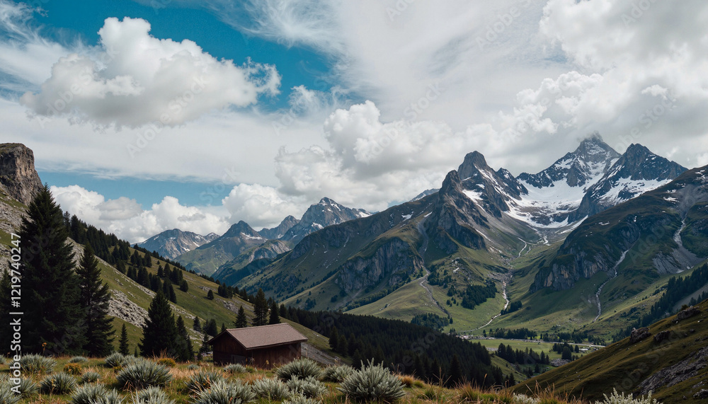 Stunning mountain landscape with rolling slopes and a cabin under a blue cloudy sky Stunning mountain landscape with rolling slopes and a cabin under a blue cloudy sky