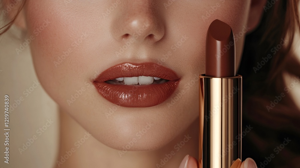 Obraz premium Caucasian woman showing brown lipstick near her glossy lips