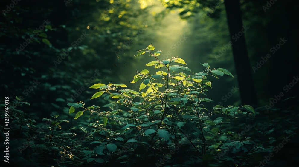 Glowing Leaves in Dark Forest with Soft Lighting Glowing Leaves in Dark Forest with Soft Lighting