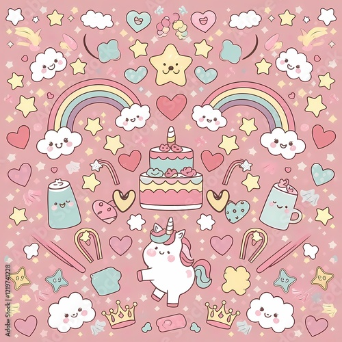 seamless pattern with cats and birds Cute cartoon characters with rainbow, cloud, cupcake, donut, candy, heart and rainbow