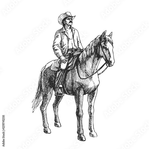 Vector hand-drawn illustration of cowboy on horse. Black and white sketch of horseman. Wild West.