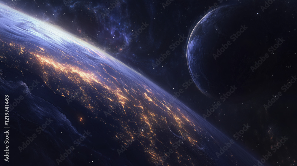 Fototapeta premium Stunning Nighttime Perspective of Earth from Space, with Glowing City Lights Illuminating the Landmasses, and Stars Scattered in the Distance