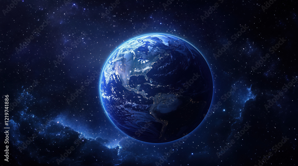 Obraz premium Stunning Nighttime Perspective of Earth from Space, with Glowing City Lights Illuminating the Landmasses, and Stars Scattered in the Distance