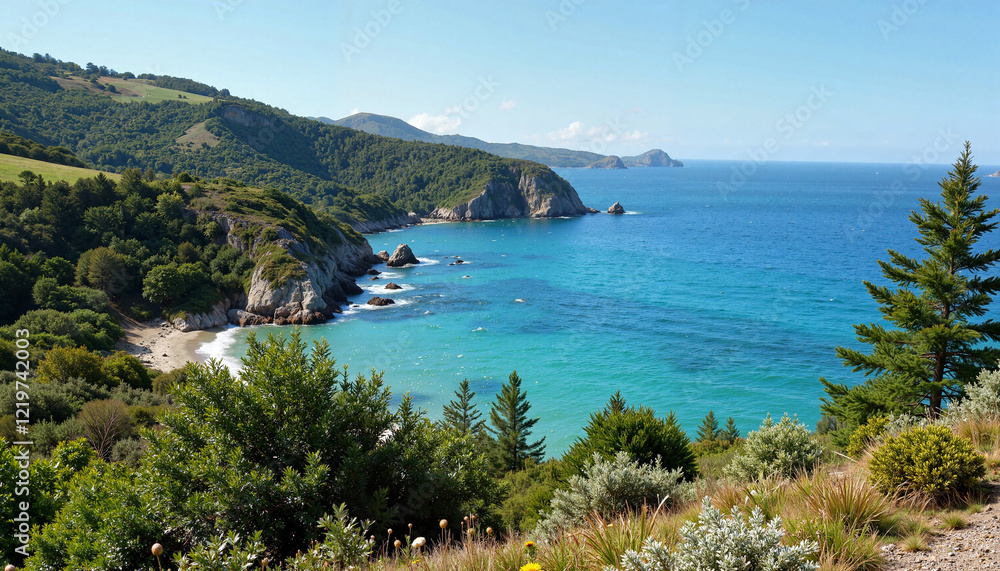 Fototapeta premium Coastal landscape view from the hill showcasing stunning ocean scenery