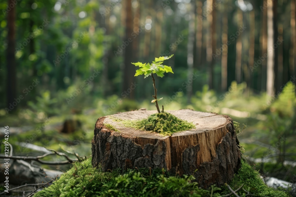New life is growing from dead wood covered by moss in a beautiful forest New life is growing from dead wood covered by moss in a beautiful forest