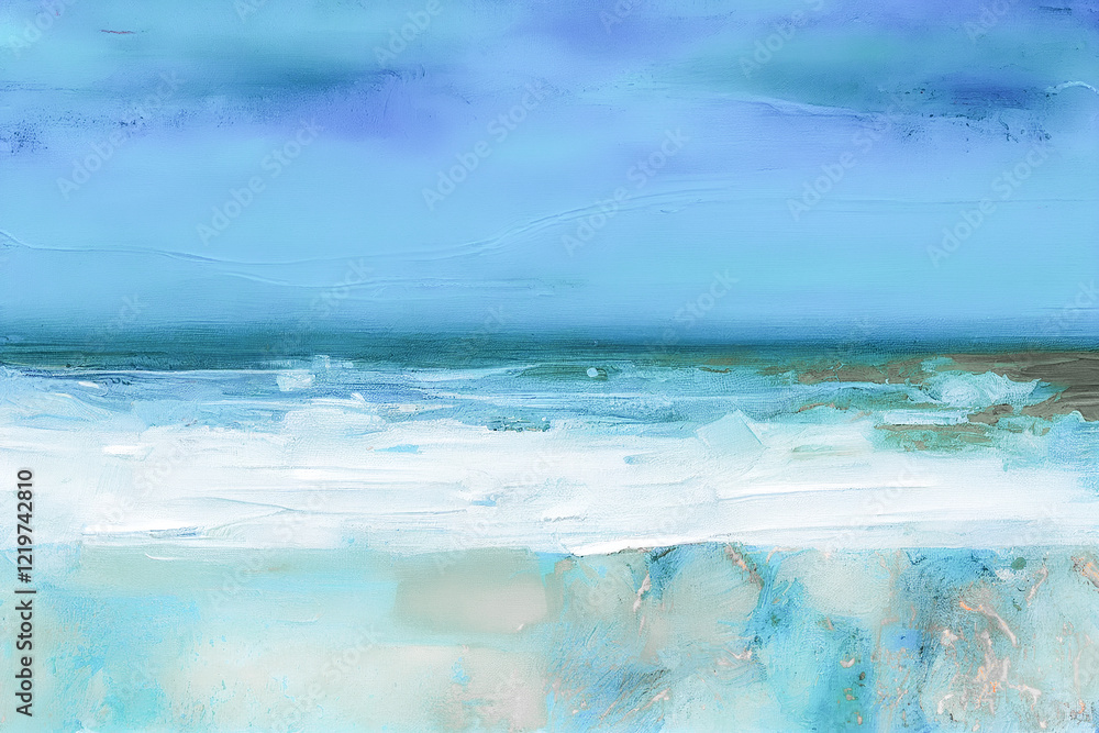 Obraz premium an impressionism abstract oil painting with thick impasto brush strokes background of blue green gentle waves on a sandy beach 