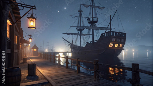 Tranquil harbor scene with a carrack silhouetted against the stars photo