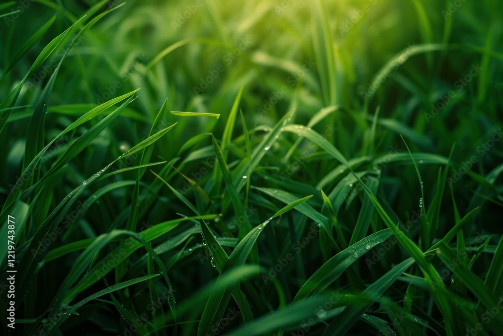 Vibrant green grass blades are covered with sparkling dew drops in morning sunlight, creating a refreshing natural scene Vibrant green grass blades are covered with sparkling dew drops in morning sunlight, creating a refreshing natural scene