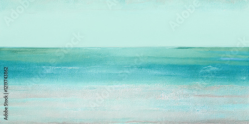 an impressionism abstract oil painting with thick impasto brush strokes background of blue green gentle waves on a sandy beach 