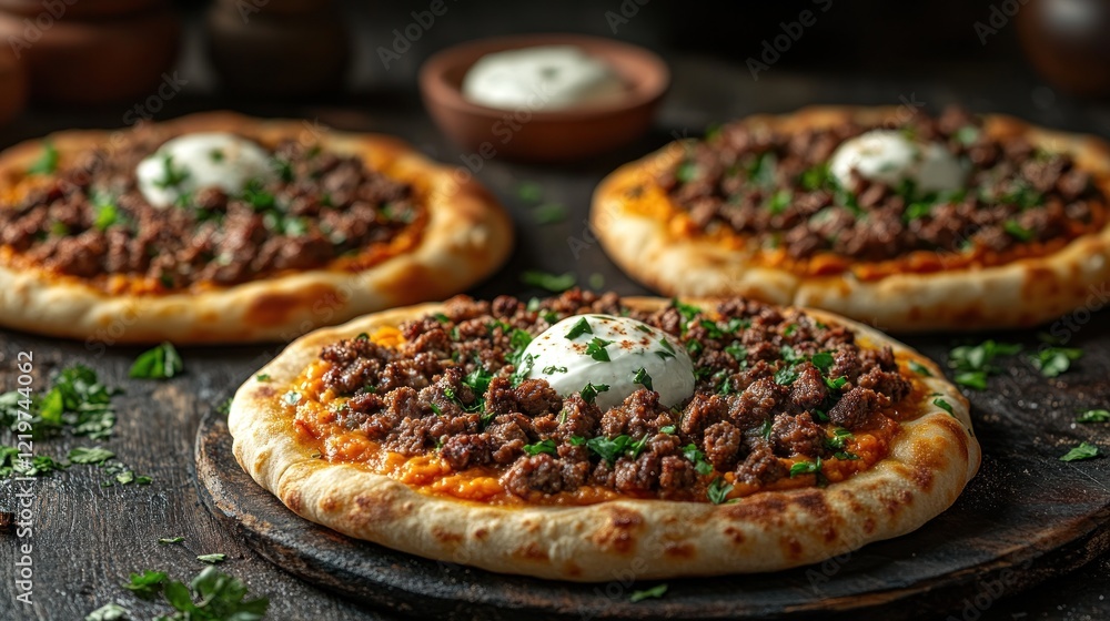Three meat flatbreads. Three meat flatbreads.