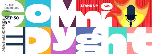 Eye catching stand up comedy night template with abstract visuals, creative typography and entertainment elements. Suitable for open mic contests, festivals and theatrical performances.