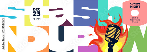 Modern stand up comedy show flyer with bold design, featuring microphone and fire elements. Perfect for promoting comedy nights, events and open mic performances.