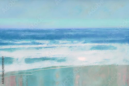 an impressionism abstract oil painting with thick impasto brush strokes background of blue green gentle waves on a sandy beach 