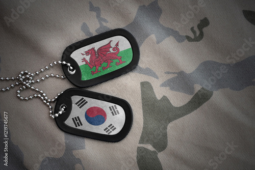 vintage army blank, dog tag with flag of wales and south korea on the khaki texture background. military concept. photo