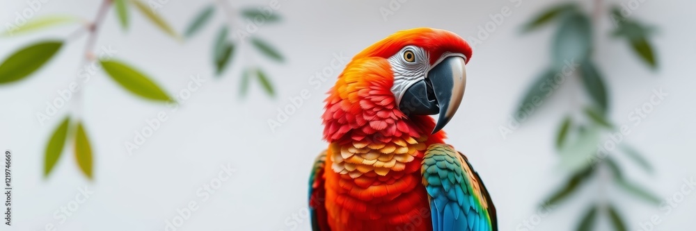 Fototapeta premium Colorful macaw parrot perched elegantly, exuding a vibrant and lively mood, showcasing its striking plumage against a soft natural backdrop