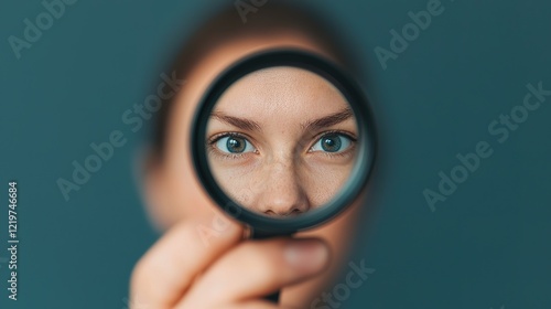 Analyzing perspectives woman examining life through a magnifying glass indoor setting close-up shot photo