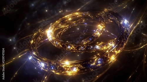 A rotating gyroscopic structure made of golden and sapphire rings photo