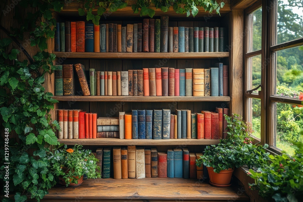 A beautiful wooden bookcase filled with colorful books in a cozy room