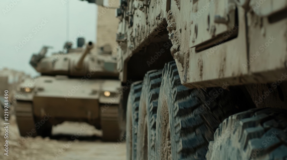 Military tanks navigate through a war-torn village, setting a scene of tension and conflict, where the aftermath of destruction is palpable. Military tanks navigate through a war-torn village, setting a scene of tension and conflict, where the aftermath of destruction is palpable.