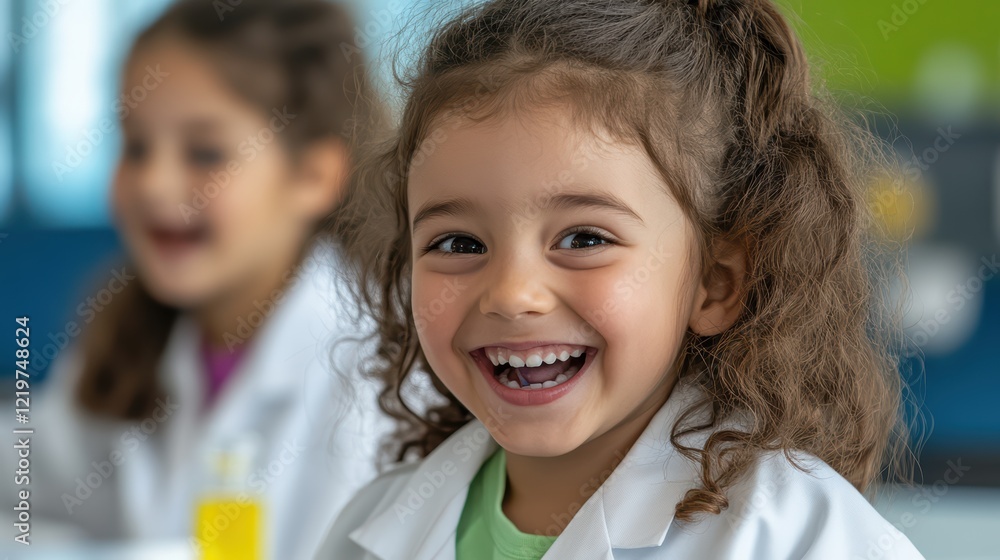 Smiling caucasian female children in science lab with lab coats Smiling caucasian female children in science lab with lab coats