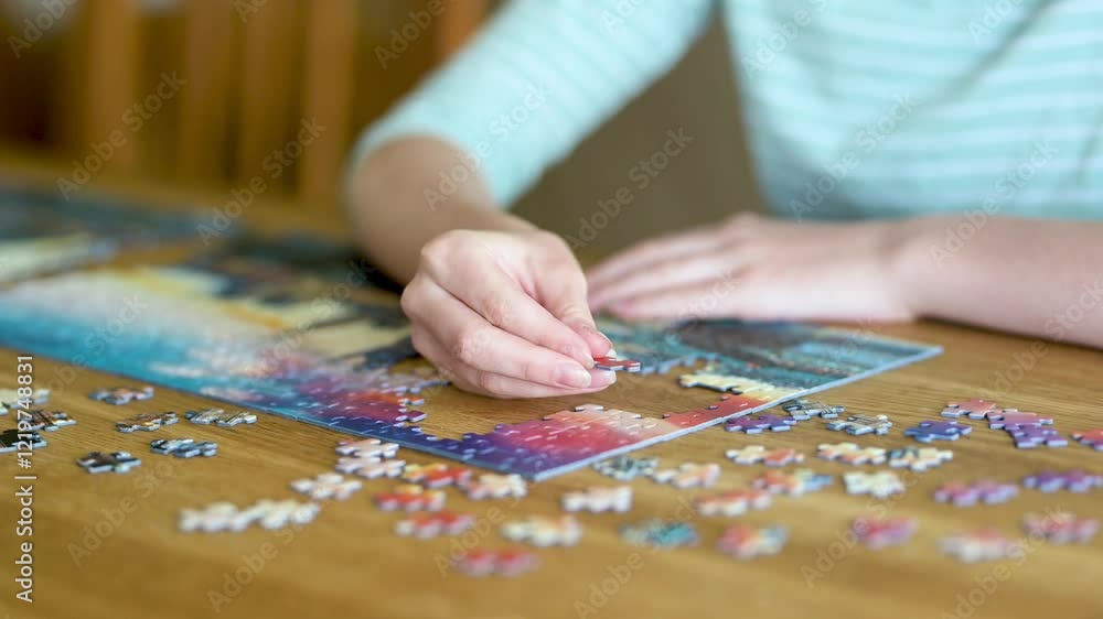 Close-up view of young woman hands assembling puzzles at home. Connecting jigsaw puzzle pieces, assembling a jigsaw puzzle. Fun family leisure. Table games, home relaxation. Slow motion footage. Close-up view of young woman hands assembling puzzles at home. Connecting jigsaw puzzle pieces, assembling a jigsaw puzzle. Fun family leisure. Table games, home relaxation. Slow motion footage.