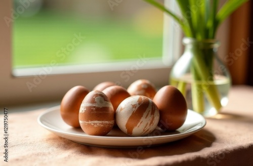 Painted eggs,in the color of the year mocha mousse on a plate,flowers in a vase at the back,for Easter photo