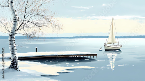 Serene winter lakeside vista a solitary sailboat anchored in a frozen bay, snow-covered shores, and a leafless birch tree by a simple wooden dock. Frosty Bay. Illustration photo