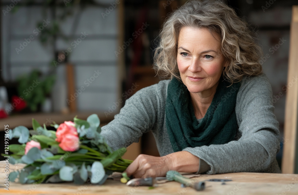 A florist in her 40s arranging a bouquet of roses, tulips, and eucalyptus branches on a wooden workbench.
A florist in her 40s arranging a bouquet of roses, tulips, and eucalyptus branches on a wooden workbench.