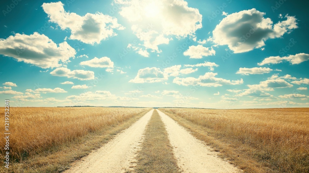 Fototapeta premium Tranquil Pathway Under Blue Sky with Fluffy Clouds
