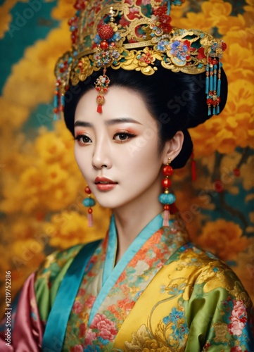 gorgeous fan bing bing as a Qing dynasty queen, Forbidden city, impressionist, colorful