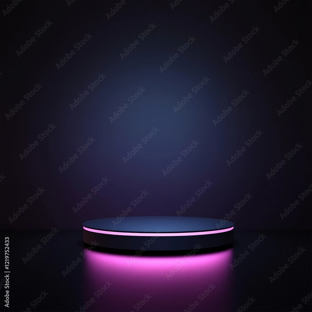 A product mockup with a minimalist circular platform illuminated with soft pink neon light against a dark gradient background, creating a modern and futuristic showcase design