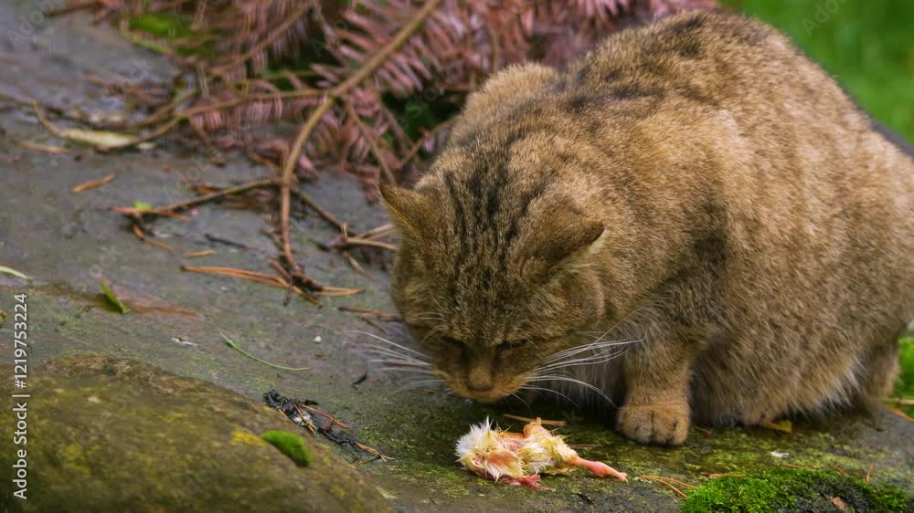 A european wild cat is sitting on a rock and eating a mouse. A european wild cat is sitting on a rock and eating a mouse.