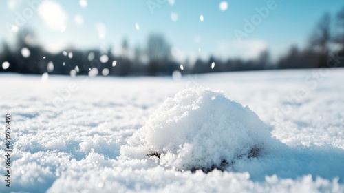 A pristine expanse of snow lies under a bright blue sky, where gentle, soft flakes fall, each contributing to the tranquil symphony of winter.