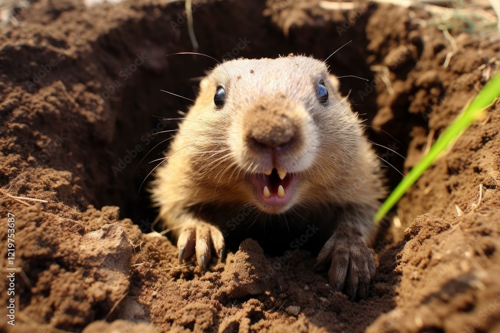 Black tailed prairie dog popping up from its burrow showing teeth
