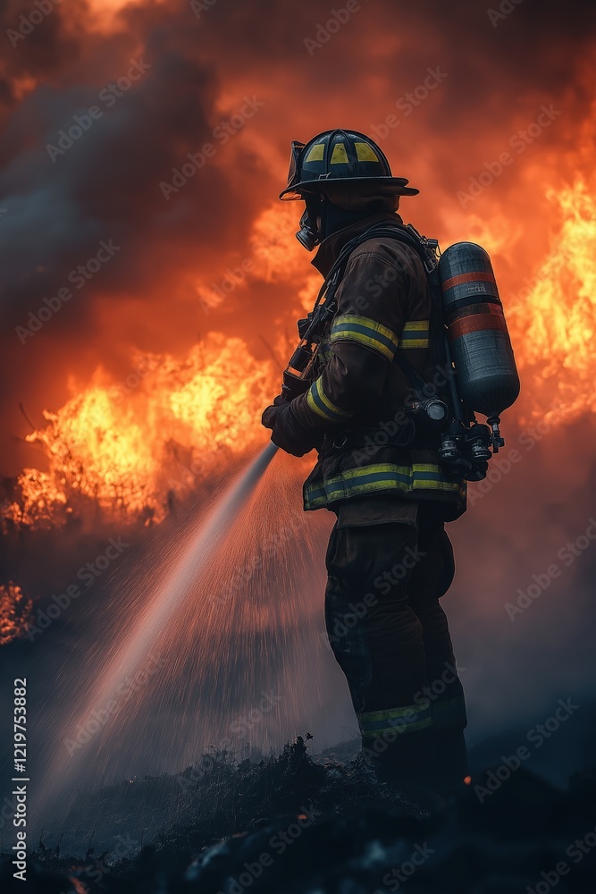 A brave firefighter sprays water to extinguish a large fire, wearing protective gear created by ai A brave firefighter sprays water to extinguish a large fire, wearing protective gear created by ai