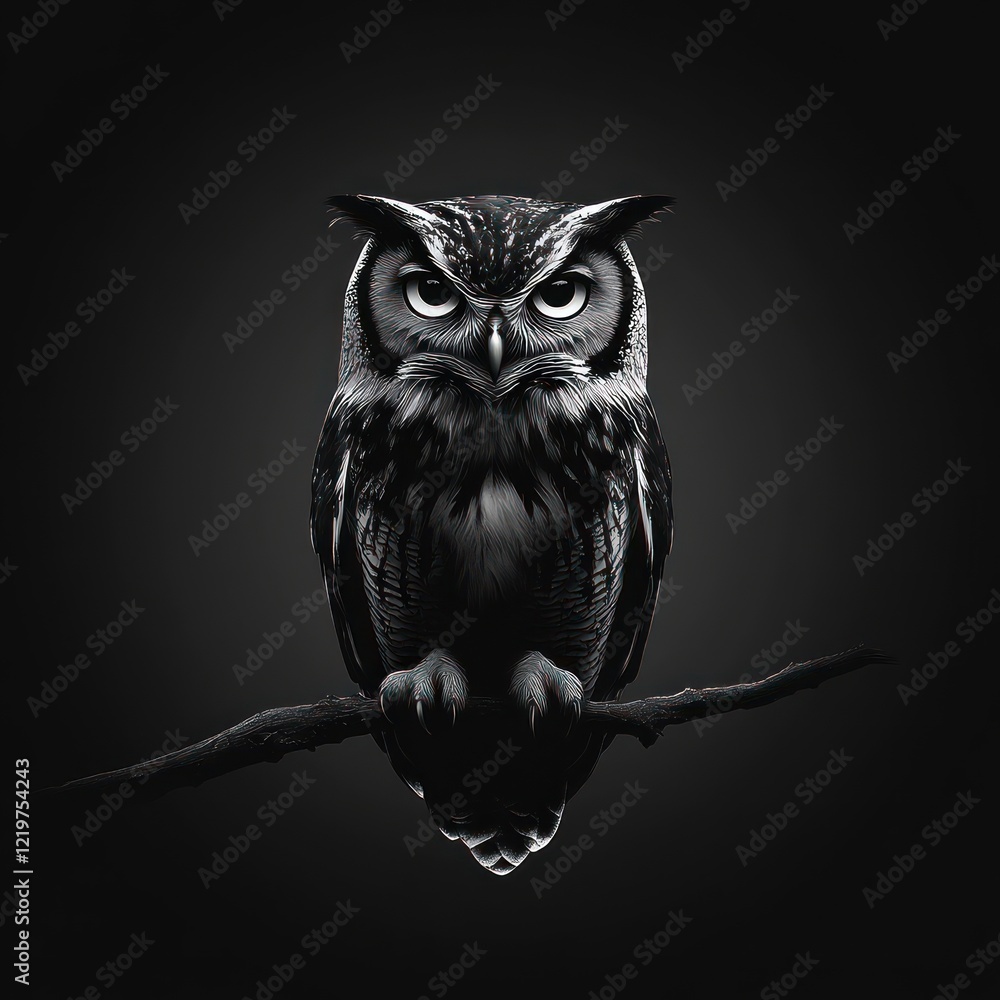 Naklejka premium Black and white owl perched on branch.