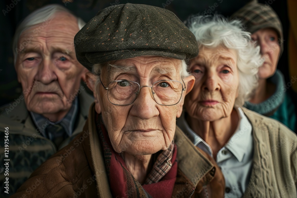 Close up of a group of serious elderly people standing together Close up of a group of serious elderly people standing together