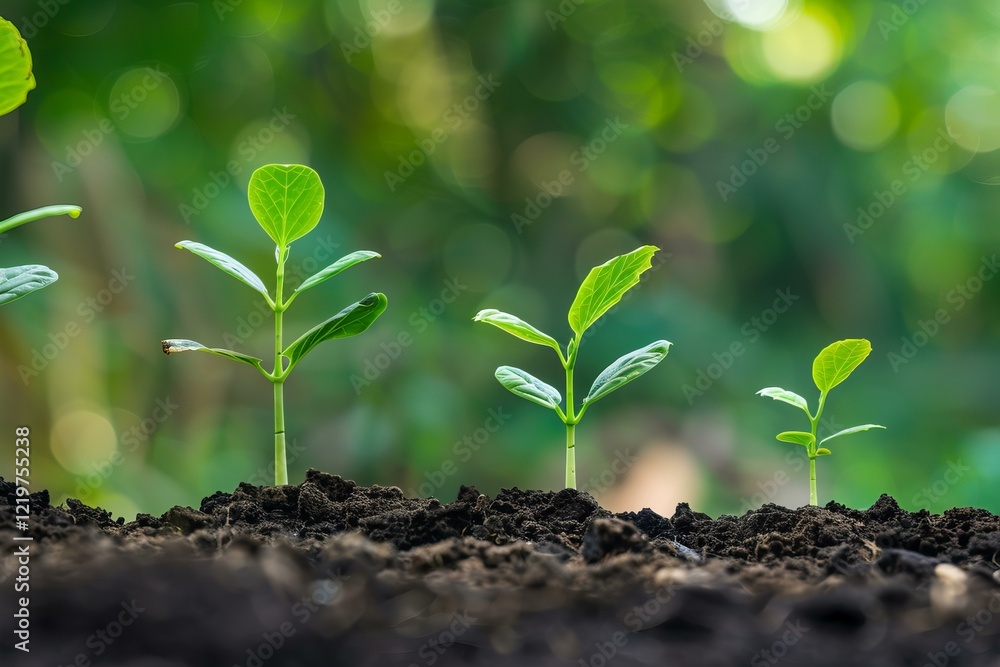 Fototapeta premium Four young green plants growing from the ground symbolize new life, business development, and environmental conservation