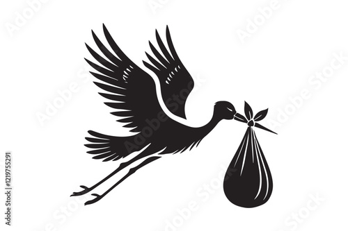 silhouette of stork holding a baby basket icon