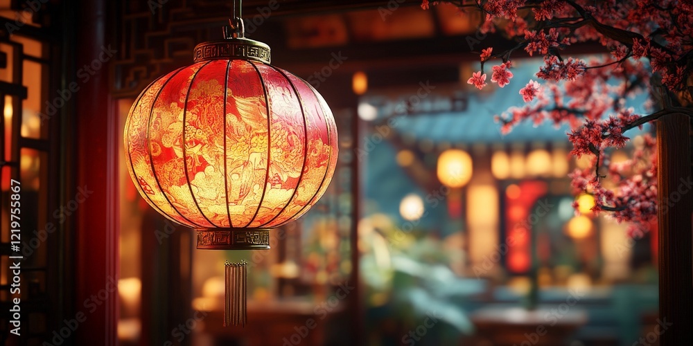 A red Chinese lantern with intricate gold detailing on a neutral background. Ideal for Lunar New Year, cultural events, and traditional decorations. A red Chinese lantern with intricate gold detailing on a neutral background. Ideal for Lunar New Year, cultural events, and traditional decorations.