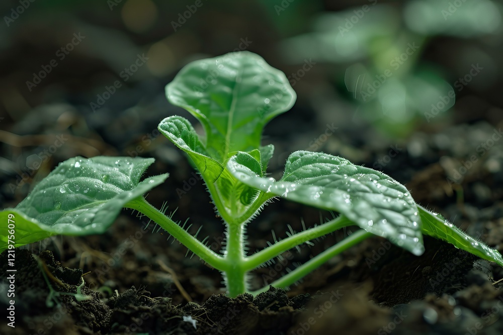 Close up of a vibrant seedling emerging from dark soil, its delicate leaves covered in glistening dew drops, symbolizing new life and growth Close up of a vibrant seedling emerging from dark soil, its delicate leaves covered in glistening dew drops, symbolizing new life and growth
