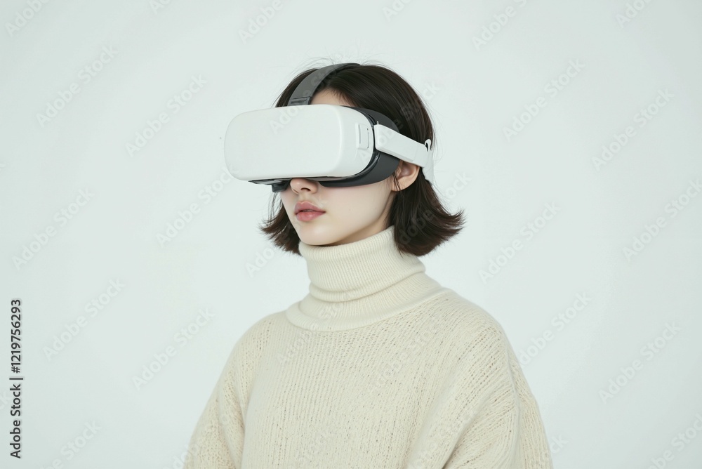 a woman wearing a white sweater and a virtual reality headset a woman wearing a white sweater and a virtual reality headset